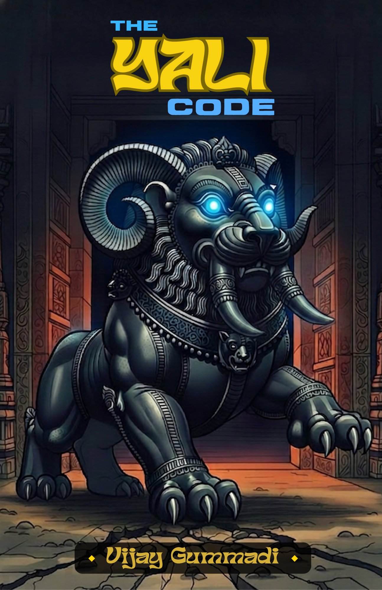The Yali Code book cover — a stone Yali with glowing blue eyes in a temple corridor