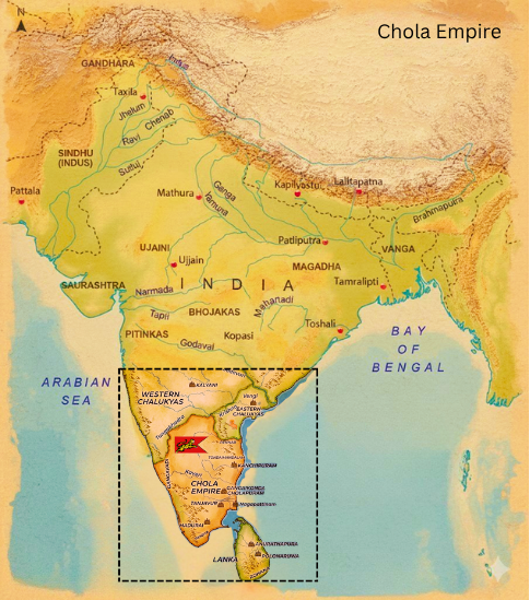 Map of the novel's world — Chola Empire, Vengi Kingdom, and Karuvelapattanam